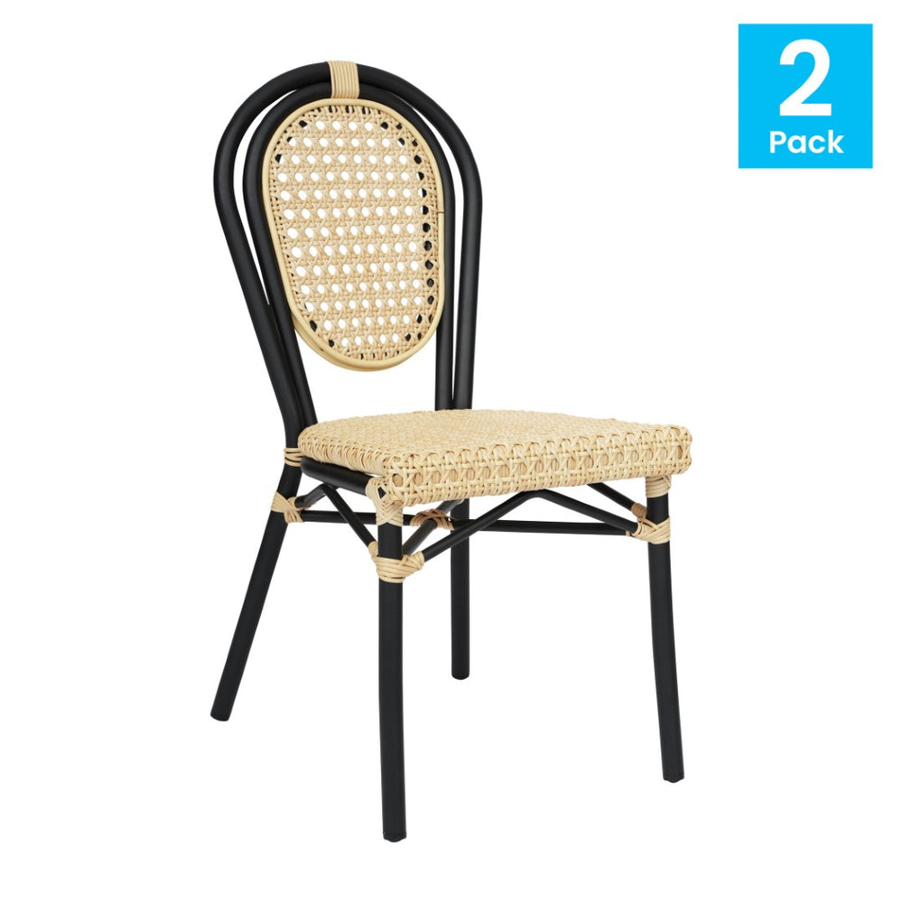 English Elm 2 Pack Cannes Bistro Stacking Chairs – Elegant Indoor/Outdoor Seating for Cafés, Hotels, and Patios Natural/Black Frame 2-SDA-AD642110-1-NAT-BK-GG