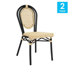 English Elm 2 Pack Cannes Bistro Stacking Chairs – Elegant Indoor/Outdoor Seating for Cafés, Hotels, and Patios Natural/Black Frame 2-SDA-AD642110-1-NAT-BK-GG