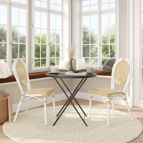 English Elm 2 Pack Cannes Bistro Stacking Chairs – Elegant Indoor/Outdoor Seating for Cafés, Hotels, and Patios Natural/White Frame 2-SDA-AD642110-1-NAT-WH-GG
