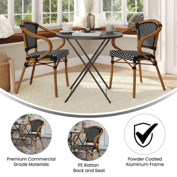 English Elm 2 Pack Bordeaux Bistro Chairs - Commercial-Grade Stylish Seating for Indoor/Outdoor Dining Spaces Black & White/Natural Frame 2-SDA-ADS642142-BKWH-NAT-GG