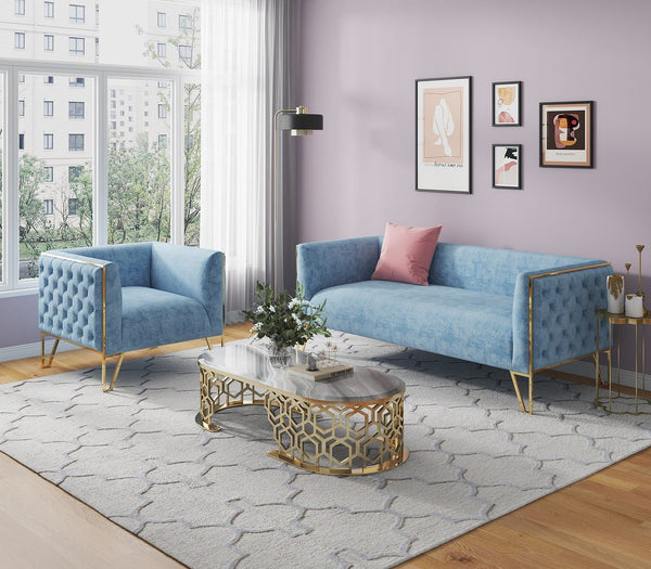 Manhattan Comfort Vector Mid-Century Modern 2 Piece - Sofa and Arm Chair Set Ocean Blue and Gold 2-SS548-OB
