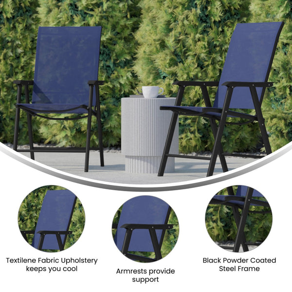 English Elm Paladin Outdoor Folding Patio Sling Chair Set - Durable, Lightweight, and Comfortable for All Events Navy 2-TLH-SC-044-NV-GG
