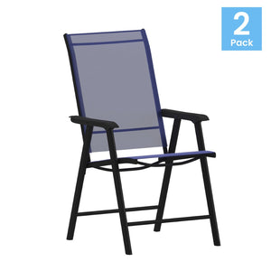 English Elm Paladin Outdoor Folding Patio Sling Chair Set - Durable, Lightweight, and Comfortable for All Events Navy 2-TLH-SC-044-NV-GG