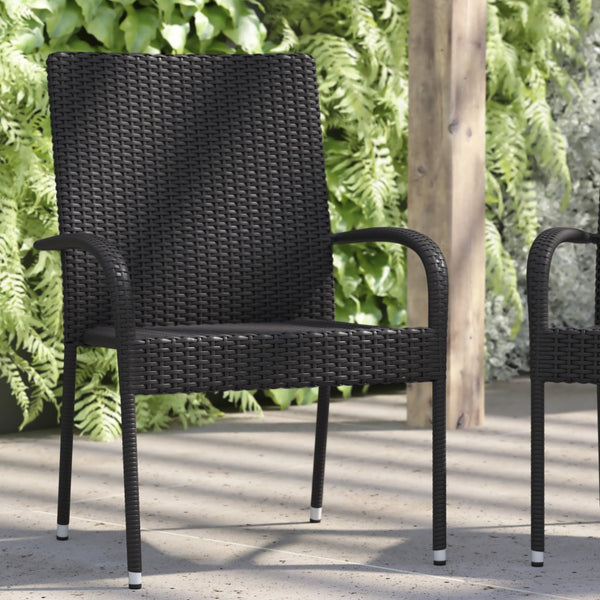 English Elm Maxim Set of 2 Stylish Stackable Wicker Dining Chairs with Arms - Weather-Resistant & Durable Design Black 2-TW-3WBE073-BK-GG