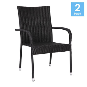 English Elm Maxim Set of 2 Stylish Stackable Wicker Dining Chairs with Arms - Weather-Resistant & Durable Design Black 2-TW-3WBE073-BK-GG