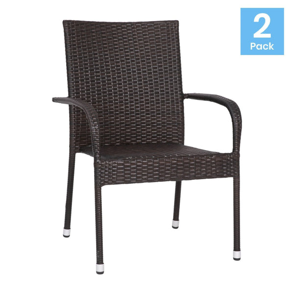 English Elm Maxim Set of 2 Stylish Stackable Wicker Dining Chairs with Arms - Weather-Resistant & Durable Design Espresso 2-TW-3WBE073-ESP-GG