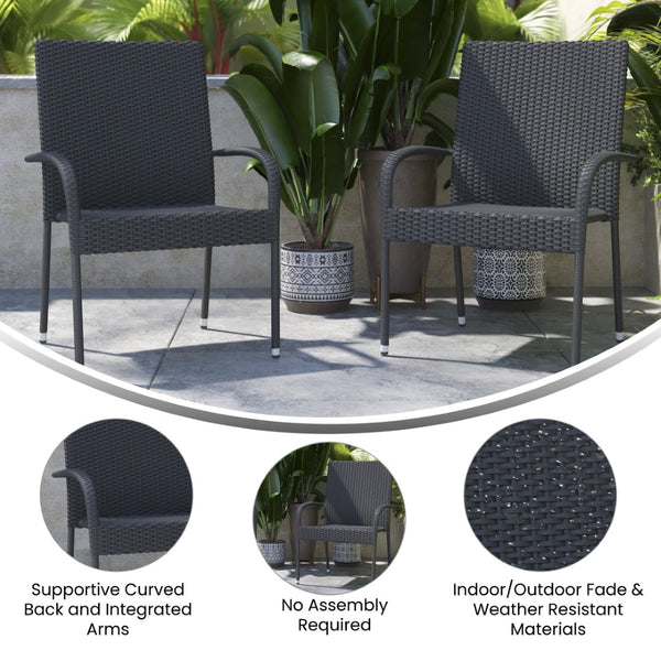 English Elm Maxim Set of 2 Stylish Stackable Wicker Dining Chairs with Arms - Weather-Resistant & Durable Design Gray 2-TW-3WBE073-GY-GG