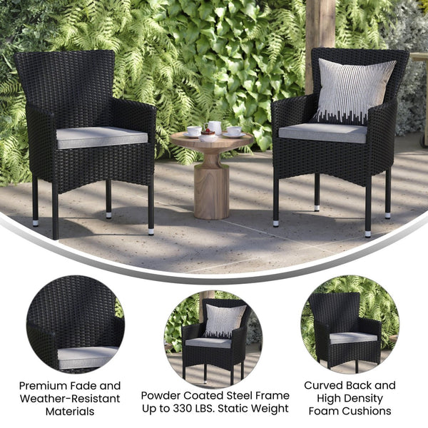 English Elm Maxim Modern Wicker Armchairs Set of 2 for Indoor/Outdoor Use, Weather-Resistant with Plush Cushions Black/Gray 2-TW-3WBE074-BK-GG