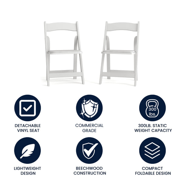English Elm 2 Pack HERCULES Series Elegant Wood Folding Chairs with Detachable Vinyl Seats for Events & Home White 2-XF-2901-WH-WOOD-GG
