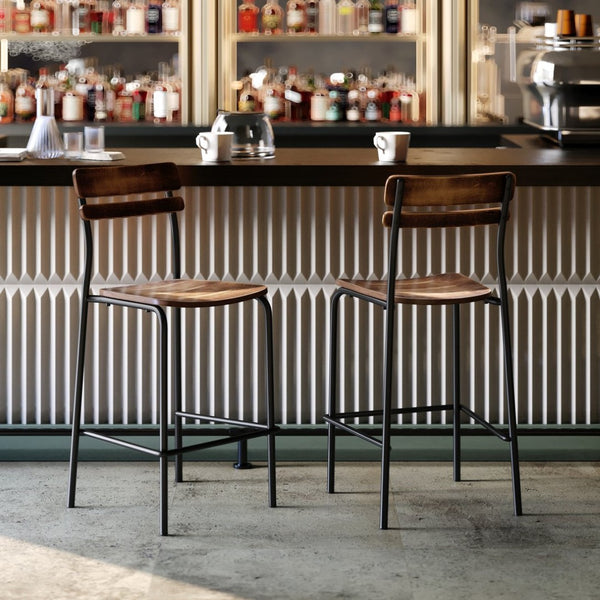 English Elm 2 Pack Cyprus Commercial Grade Solid Wood Bar Stools with Sturdy Black Metal Frames for Stylish Spaces Antique Copper 2-XU-CH10443B-ANTCPR-GG