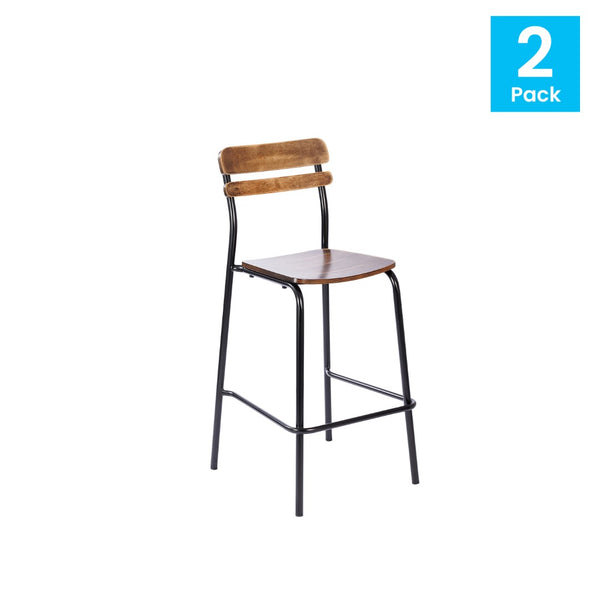 English Elm 2 Pack Cyprus Commercial Grade Solid Wood Bar Stools with Sturdy Black Metal Frames for Stylish Spaces Antique Copper 2-XU-CH10443B-ANTCPR-GG