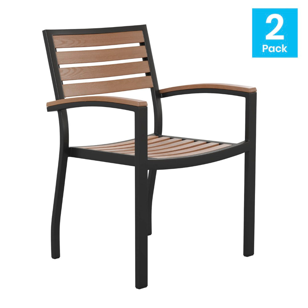 English Elm Lark Outdoor Stackable Side Chairs - Durable Black Aluminum Frame with Synthetic Slats, Set of 2 Teak 2-XU-DG-HW6006-GG