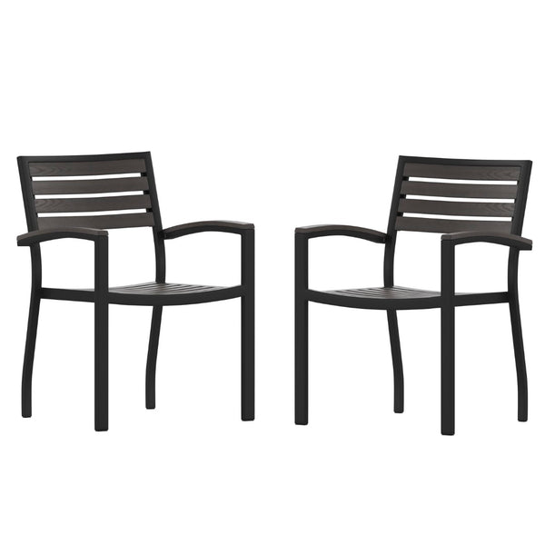 English Elm Lark Outdoor Stackable Side Chairs - Durable Black Aluminum Frame with Synthetic Slats, Set of 2 Gray Wash Teak 2-XU-DG-HW6006-GY-GG
