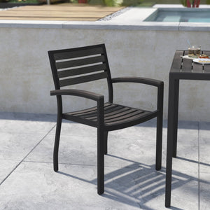 English Elm Lark Outdoor Stackable Side Chairs - Durable Black Aluminum Frame with Synthetic Slats, Set of 2 Gray Wash Teak 2-XU-DG-HW6006-GY-GG