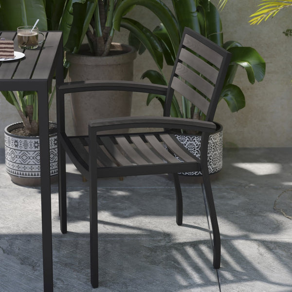 English Elm Lark Outdoor Stackable Side Chairs - Durable Black Aluminum Frame with Synthetic Slats, Set of 2 Gray Wash Teak 2-XU-DG-HW6006-GY-GG