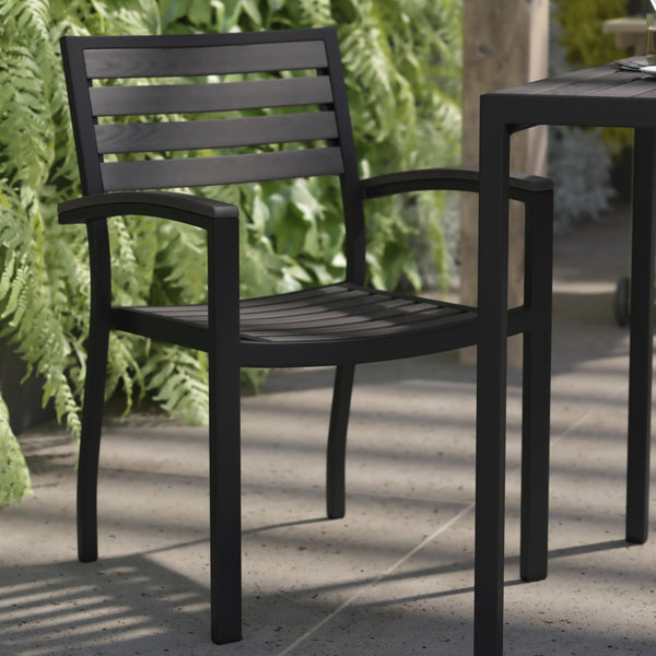 English Elm Lark Outdoor Stackable Side Chairs - Durable Black Aluminum Frame with Synthetic Slats, Set of 2 Gray Wash Teak 2-XU-DG-HW6006-GY-GG