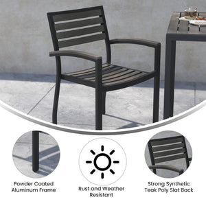 English Elm Lark Outdoor Stackable Side Chairs - Durable Black Aluminum Frame with Synthetic Slats, Set of 2 Gray Wash Teak 2-XU-DG-HW6006-GY-GG