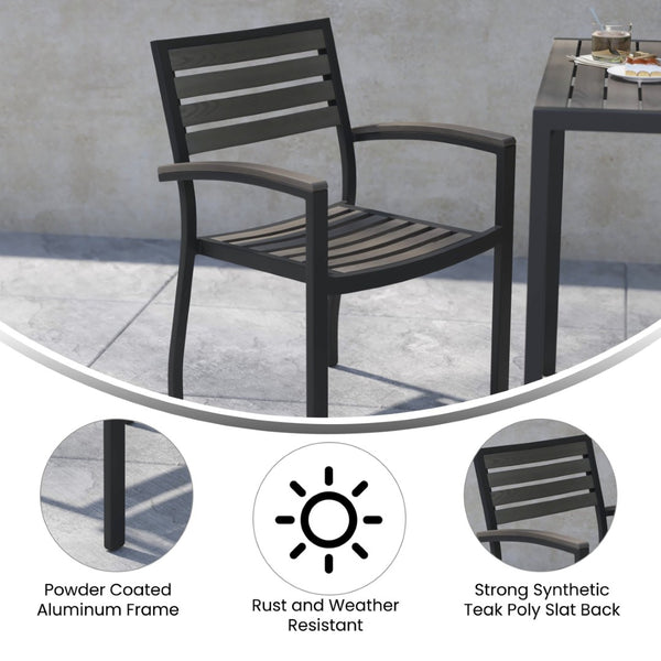 English Elm Lark Outdoor Stackable Side Chairs - Durable Black Aluminum Frame with Synthetic Slats, Set of 2 Gray Wash Teak 2-XU-DG-HW6006-GY-GG