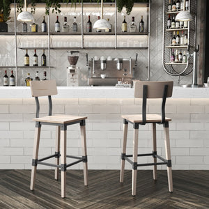 English Elm Jackson 2 Pack Commercial-Grade Industrial Wood Barstools for Durable Home and Restaurant Seating Antique White 2-XU-DG-W0236B-ANTWHT-GG