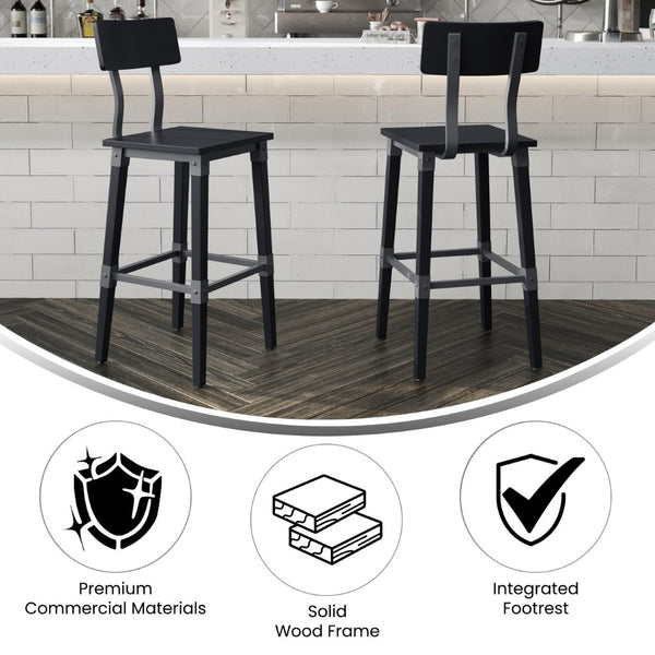 English Elm Jackson 2 Pack Commercial-Grade Industrial Wood Barstools for Durable Home and Restaurant Seating Black 2-XU-DG-W0236B-BLK-GG