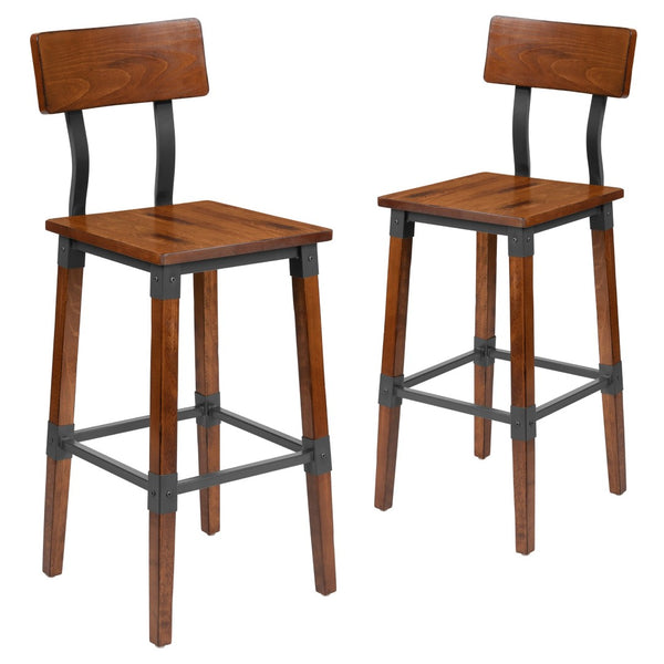 English Elm Jackson 2 Pack Commercial-Grade Industrial Wood Barstools for Durable Home and Restaurant Seating Walnut 2-XU-DG-W0236B-GG