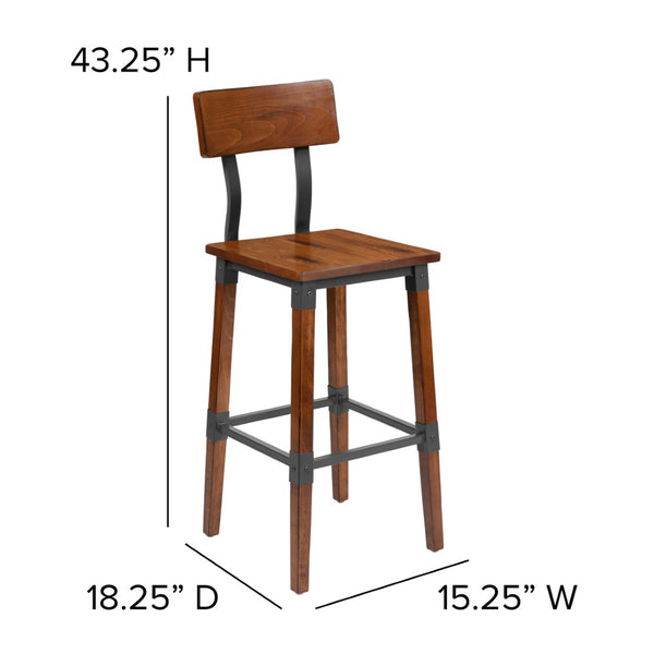 English Elm Jackson 2 Pack Commercial-Grade Industrial Wood Barstools for Durable Home and Restaurant Seating Walnut 2-XU-DG-W0236B-GG
