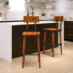 English Elm Jackson 2 Pack Commercial-Grade Industrial Wood Barstools for Durable Home and Restaurant Seating Walnut 2-XU-DG-W0236B-GG