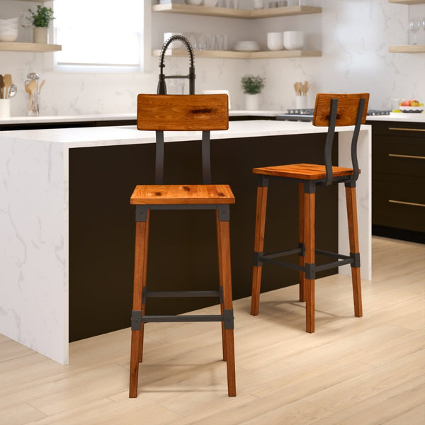 English Elm Jackson 2 Pack Commercial-Grade Industrial Wood Barstools for Durable Home and Restaurant Seating Walnut 2-XU-DG-W0236B-GG