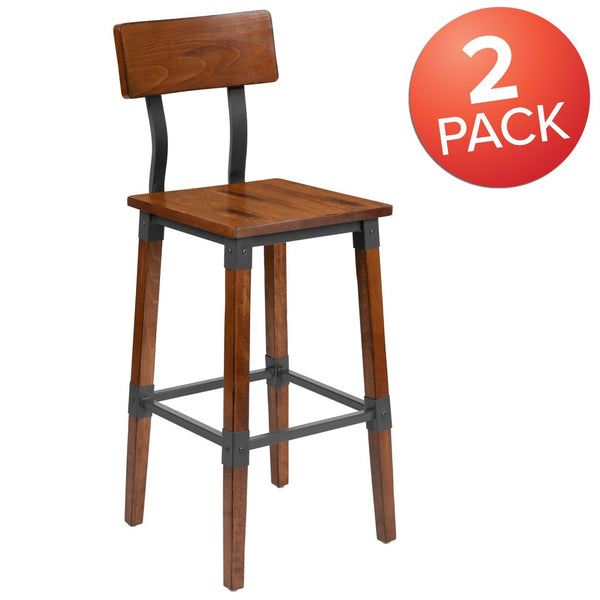 English Elm Jackson 2 Pack Commercial-Grade Industrial Wood Barstools for Durable Home and Restaurant Seating Walnut 2-XU-DG-W0236B-GG