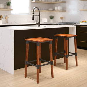 English Elm Jackson Rustic Walnut Barstools Set of 2 - Backless Industrial Design, Durable, and Easy to Clean 2-XU-DG-W0247B-GG