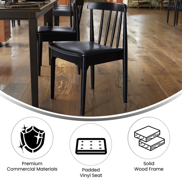 English Elm Chester Set of 2 Solid Wood Antique White Dining Chairs with Curved Backrest for Stylish Comfort Black Vinyl Seat/Black Wood Frame 2-XU-DG-W0359-BLK-GG