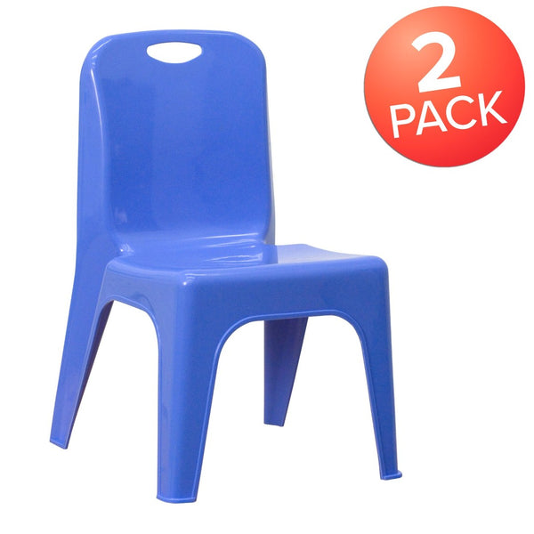 English Elm Whitney 2 Pack Stackable Plastic School Chairs with Carrying Handle for Kids' Comfort and Safety Blue 2-YU-YCX-011-BLUE-GG