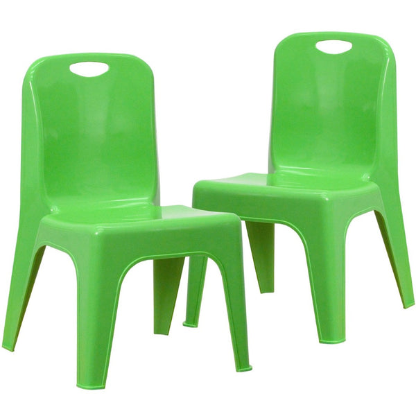 English Elm Whitney 2 Pack Stackable Plastic School Chairs with Carrying Handle for Kids' Comfort and Safety Green 2-YU-YCX-011-GREEN-GG