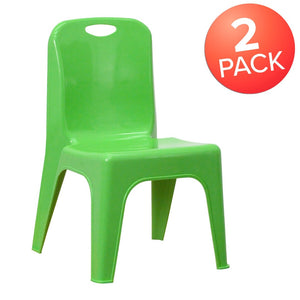 English Elm Whitney 2 Pack Stackable Plastic School Chairs with Carrying Handle for Kids' Comfort and Safety Green 2-YU-YCX-011-GREEN-GG