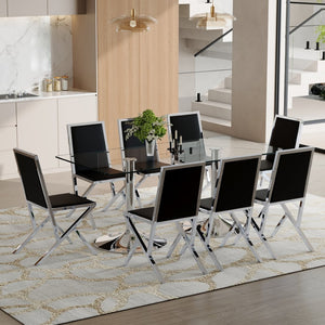 English Elm Table and Chair Set Tempered Glass Top with Silver Metal Frames Seats 8 Dining Black+Silver W1151S04768