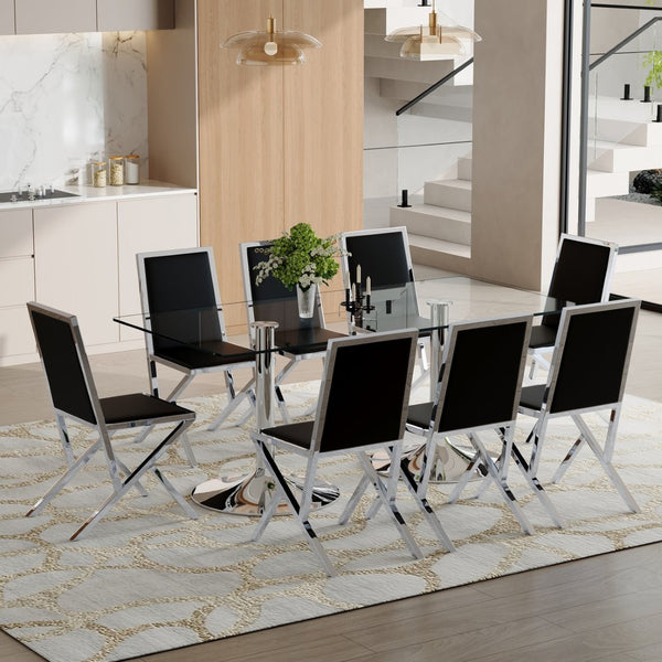 English Elm Table and Chair Set Tempered Glass Top with Silver Metal Frames Seats 8 Dining Black+Silver W1151S04768