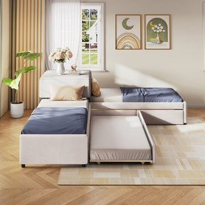 English Elm L-shaped Twin Platform Bed Set with Trundle Drawers and Center Table in Beige Linen GX000531AAA