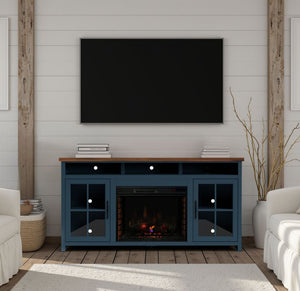 English Elm 74 Rustic Blue Denim & Whiskey Fireplace TV Stand for TVs to 85", Electric Insert, Storage, Farmhouse Charm B108P160234