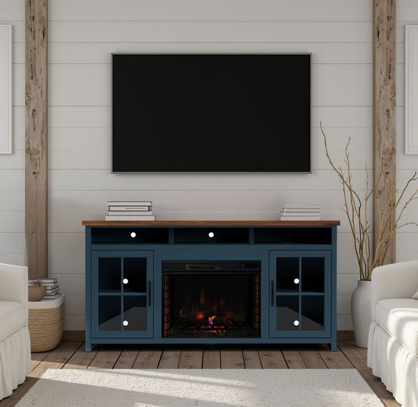 English Elm 74 Rustic Blue Denim & Whiskey Fireplace TV Stand for TVs to 85", Electric Insert, Storage, Farmhouse Charm B108P160234