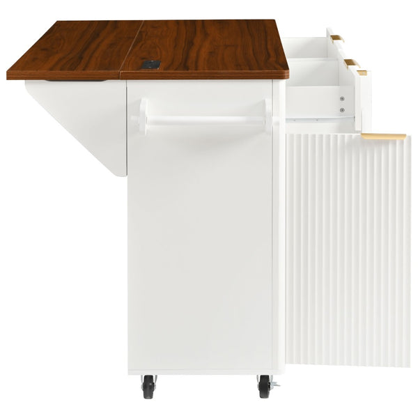 English Elm K&k Fluted Rolling Kitchen Island Faux Marble Top Power Outlet Drop Leaf Storage White N707S000019W