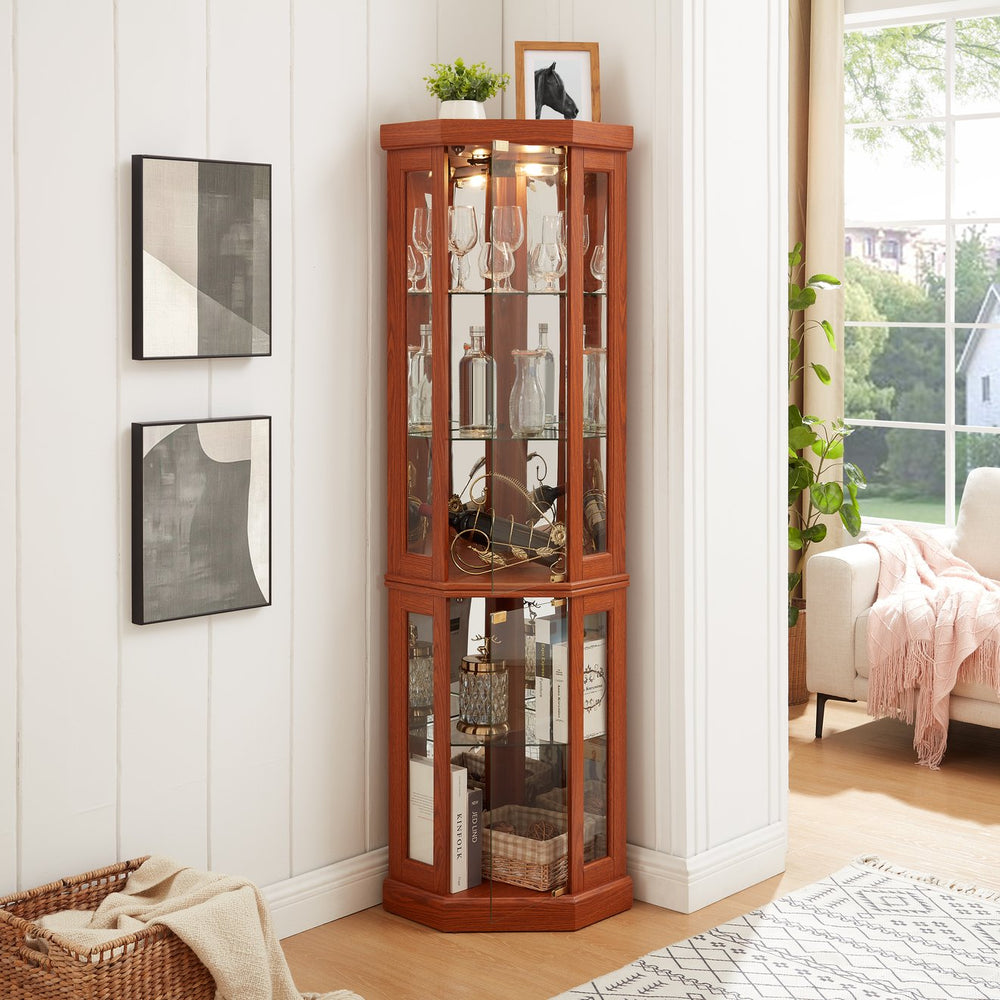 English Elm Lighted Corner Curio Cabinet - Elegant Dark Oak Display Case For Collectibles, Glassware & Decor W1758P300106