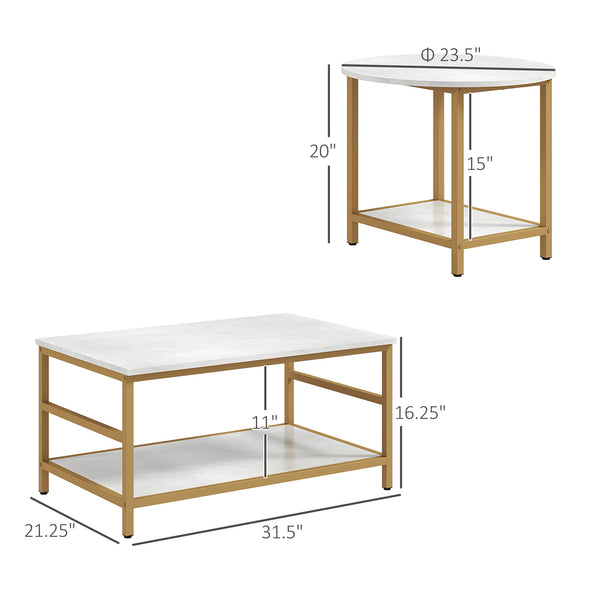 English Elm HOMCOM Modern 2-Piece Marble Top Coffee Table Set with Gold Steel Frame and 2-Tier Storage Shelves White W2225P200534