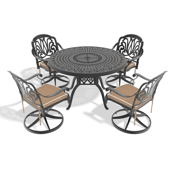 English Elm 5-Piece All-Weather Dining Set With Swivel Chairs, Round Table & Cushions For Outdoor Comfort W1710S00447