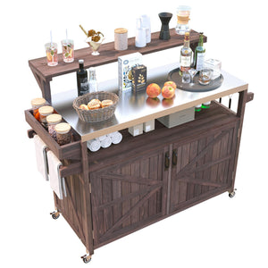 English Elm K&K 53.3" Outdoor Kitchen Island with 1.2" Stainless Top, Spacious Storage, Raised Shelf, Wheels Brown N707P250628Z