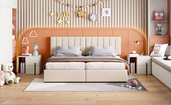 English Elm King Upholstered Hydraulic Storage Bed with Vertical Stripe Headboard, Linen Upholstery, 660lb Capacity Beige SF000285AAA