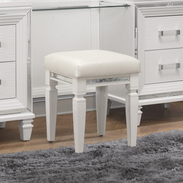 English Elm Modern Glam Vanity Stool Mirrored Frame Faux Leather White Seat Metallic Trim Stylish Bedroom Accent, 15.75x15.75x19.5" B011P365574
