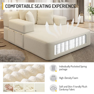 English Elm Luxurious Corduroy Convertible Chaise Lounge Sofa Bed with Foam Support for Apartments Beige W3219P449012