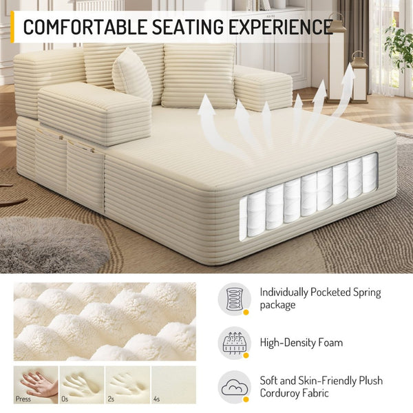 English Elm Luxurious Corduroy Convertible Chaise Lounge Sofa Bed with Foam Support for Apartments Beige W3219P449012