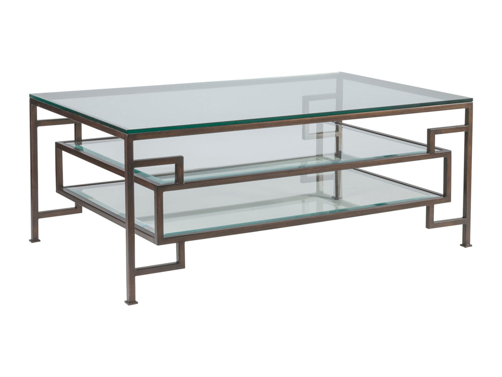 Lexington Artistica Home Suspension Rectangular Cocktail Table - Handcrafted Metal Design With Beveled Glass And Glass Shelves Antique Copper Wood 2006-945-43