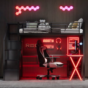 English Elm Full Full Size Metal Loft Bed with Built-In Desk, Wardrobe & Stair Storage, LED Lights, Space-Saving Black GX000663AAB